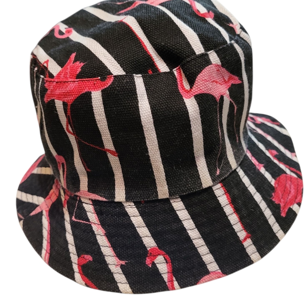 Black and White Striped Bucket Hat with Pink Flamingos